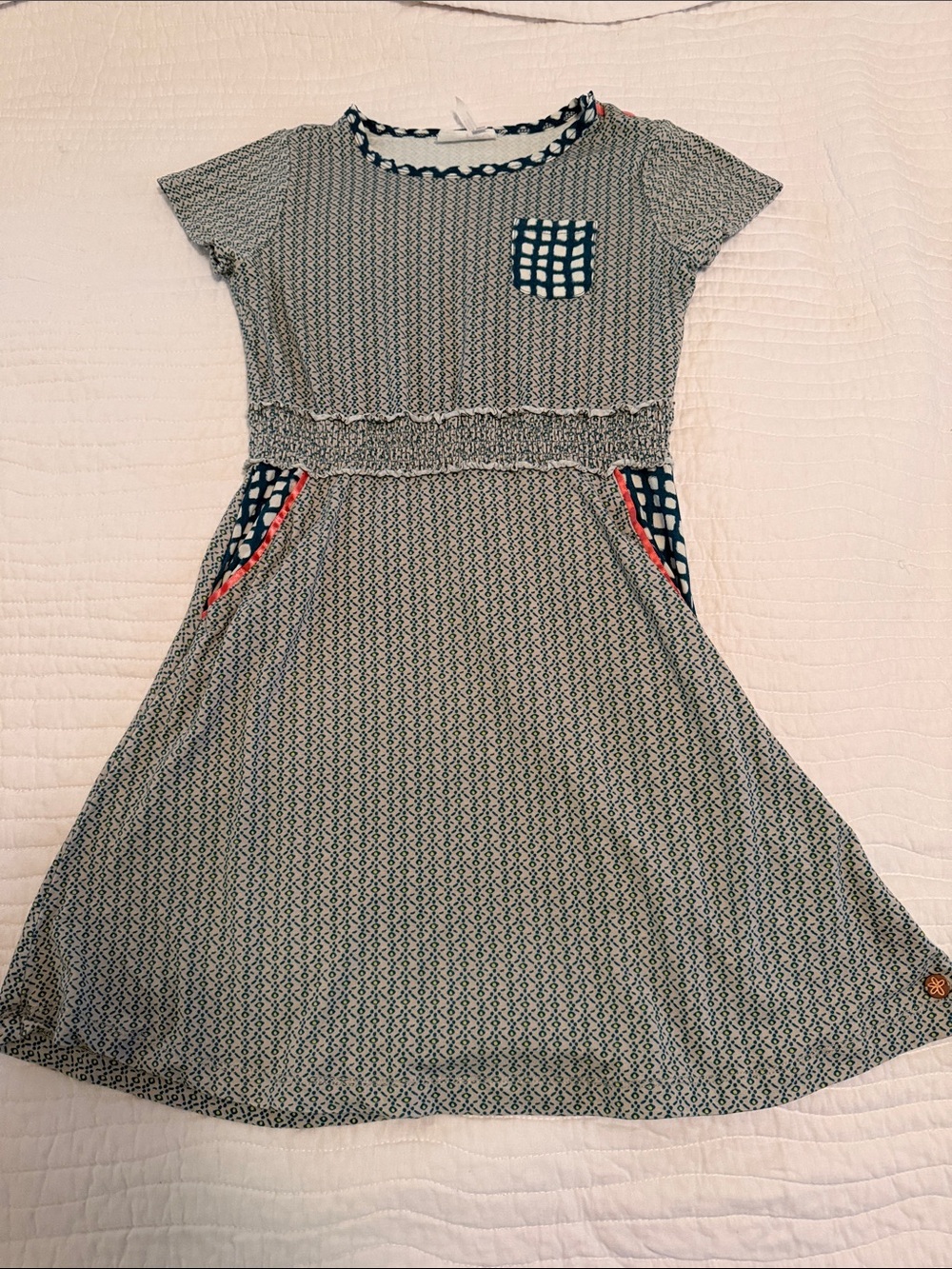 Matilda Jane Dark Green, Tan, & Coral Patterned Short-Sleeve Dress